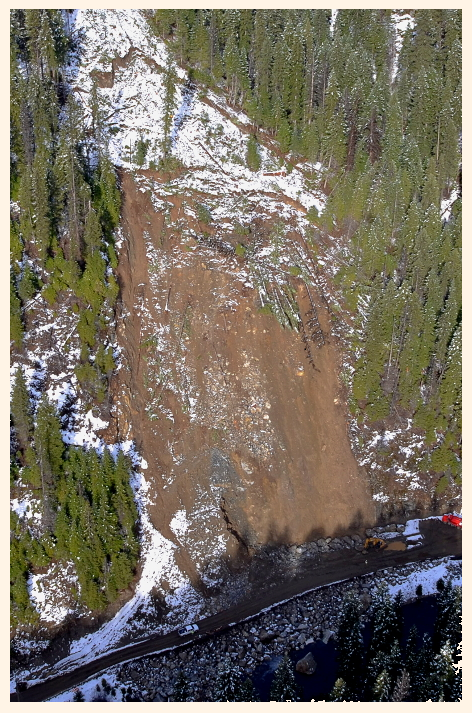 Photo of a landslide disrupted traffic on SH 14 near Elk City, Idaho for weeks.