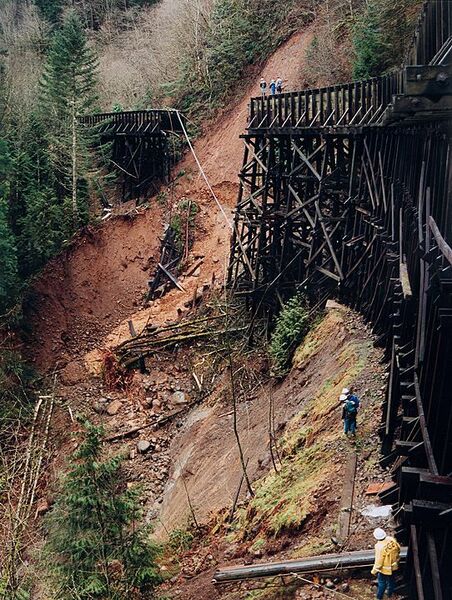 Photo of a landslide that destroyed a water conveyance flume belonging to the utility Portland General Electric (PGE)
